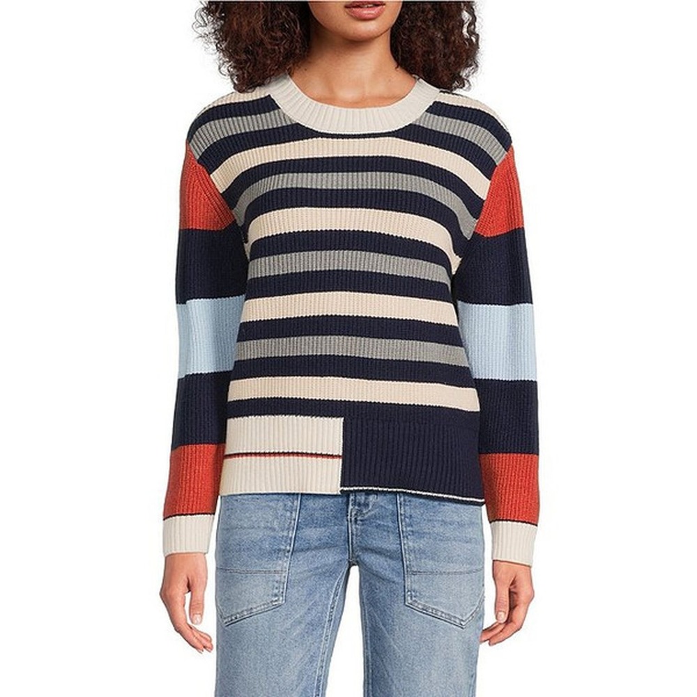 City Blues Striped Colorblock Ribbed Sweater Navy Cream M7022A52 Medium NWT